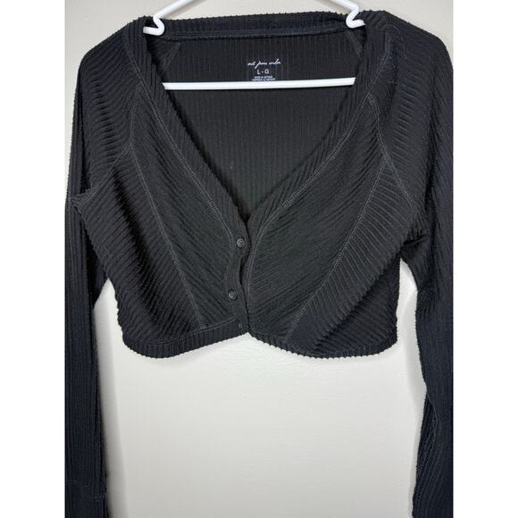 Out From Under Ribbed Cropped Cardigan Top Black Long Sleeve Size L/G - Picture 2 of 5